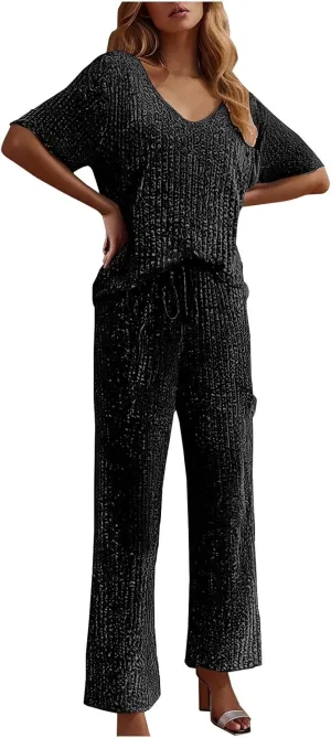 Pajama Sets for Women Ribbed Knit Lounge Set Jogger Pants Short Sleeve V Neck Sleepwear 2 Piece Outfits with Pockets