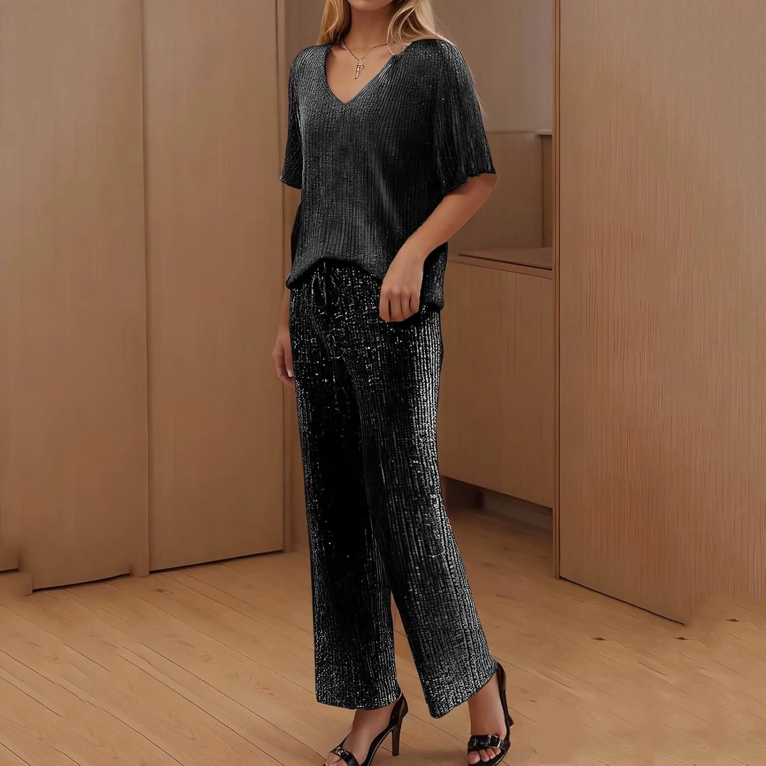 Pajama Sets for Women Ribbed Knit Lounge Set Jogger Pants Short Sleeve V Neck Sleepwear 2 Piece Outfits with Pockets
