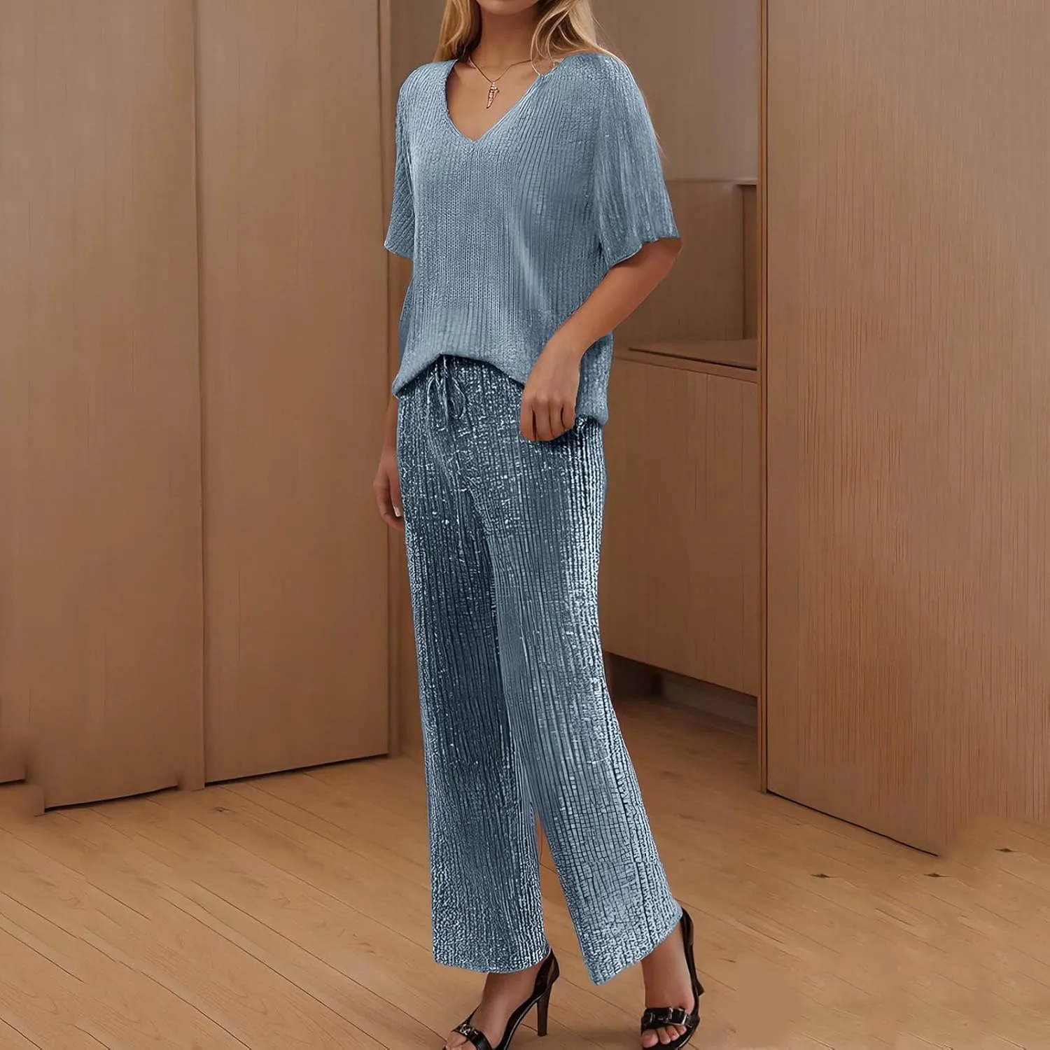 Pajama Sets for Women Ribbed Knit Lounge Set Jogger Pants Short Sleeve V Neck Sleepwear 2 Piece Outfits with Pockets