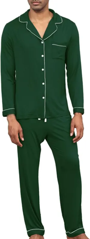 Pajamas for Men Cotton 2 Pieces Nightwear Turn-Down Collar Long Sleeve and Pants Sleepwear Button Pj Lounge Set