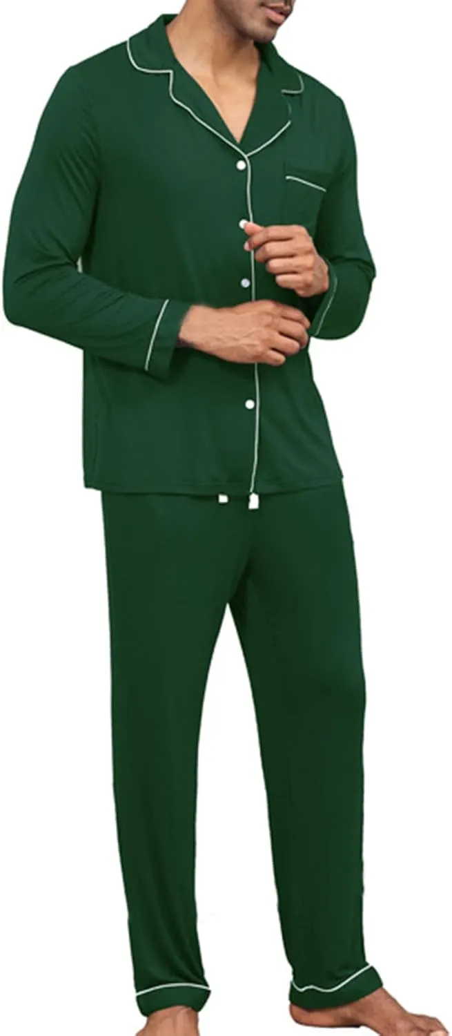 Pajamas for Men Cotton 2 Pieces Nightwear Turn-Down Collar Long Sleeve and Pants Sleepwear Button Pj Lounge Set