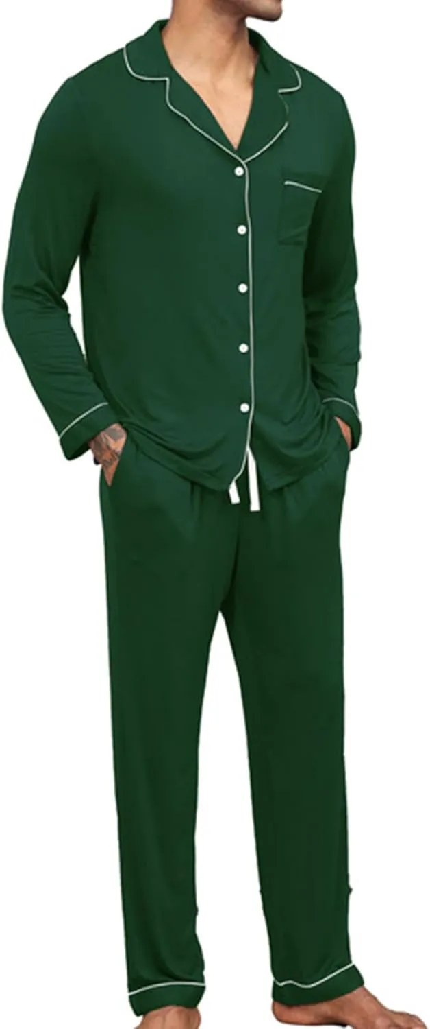 Pajamas for Men Cotton 2 Pieces Nightwear Turn-Down Collar Long Sleeve and Pants Sleepwear Button Pj Lounge Set
