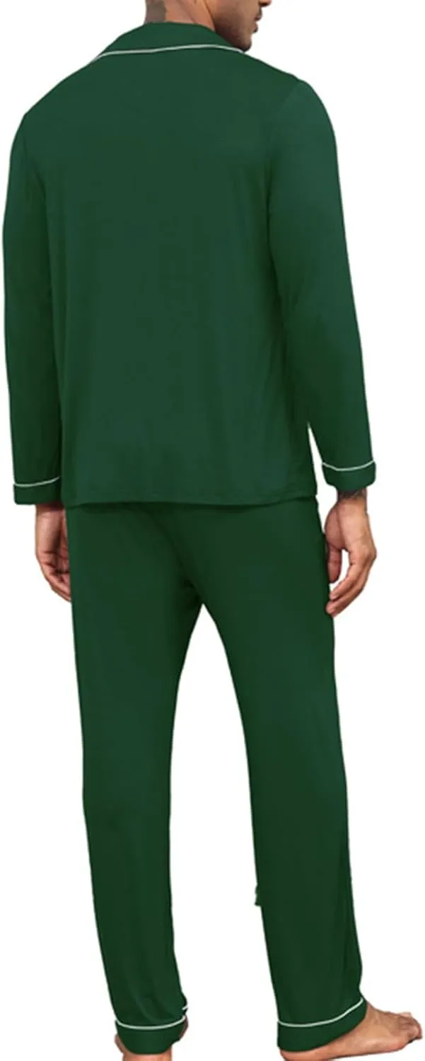 Pajamas for Men Cotton 2 Pieces Nightwear Turn-Down Collar Long Sleeve and Pants Sleepwear Button Pj Lounge Set