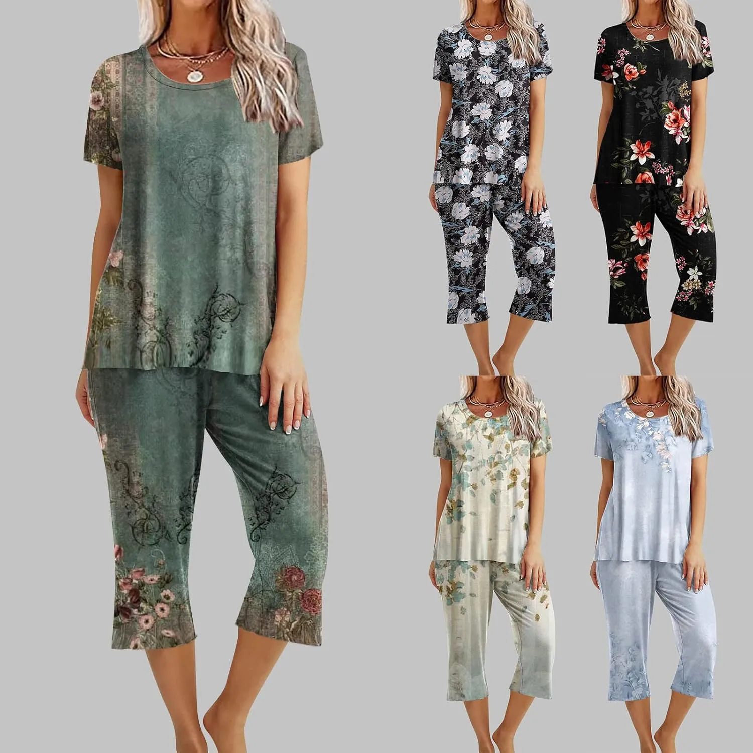 Pajamas for Women 2023 Set Short Sleeve Capri Pajamas Ladies Soft Comfy Pjs Summer Lounge Sleepwear Set With Pockets