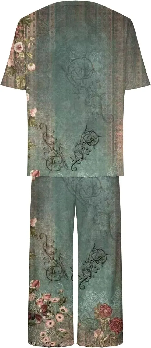 Pajamas for Women 2023 Set Short Sleeve Capri Pajamas Ladies Soft Comfy Pjs Summer Lounge Sleepwear Set With Pockets