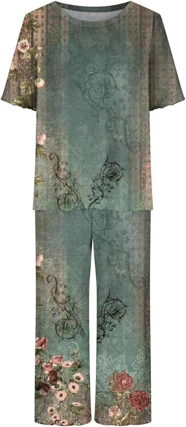 Pajamas for Women 2023 Set Short Sleeve Capri Pajamas Ladies Soft Comfy Pjs Summer Lounge Sleepwear Set With Pockets