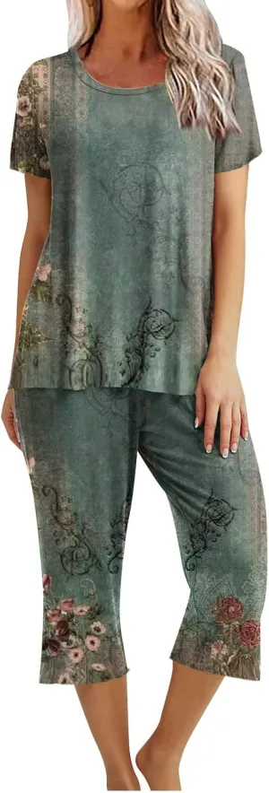 Pajamas for Women 2023 Set Short Sleeve Capri Pajamas Ladies Soft Comfy Pjs Summer Lounge Sleepwear Set With Pockets