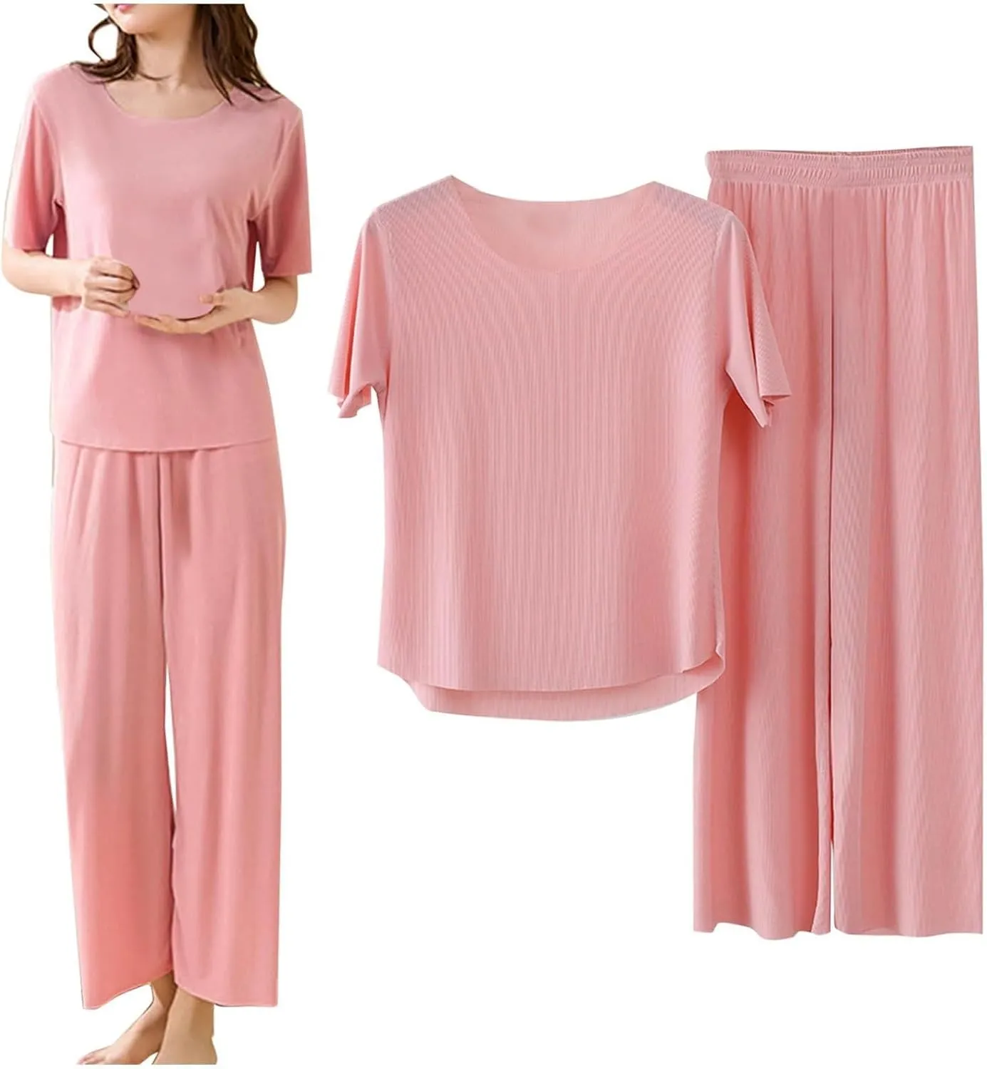 Pajamas for Women Set Summer Plus Size 2 Piece Stretchy Comfy Lounge Set Casual Lightweight Soft Ice Silk Loungewear