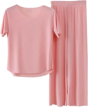 Pajamas for Women Set Summer Plus Size 2 Piece Stretchy Comfy Lounge Set Casual Lightweight Soft Ice Silk Loungewear