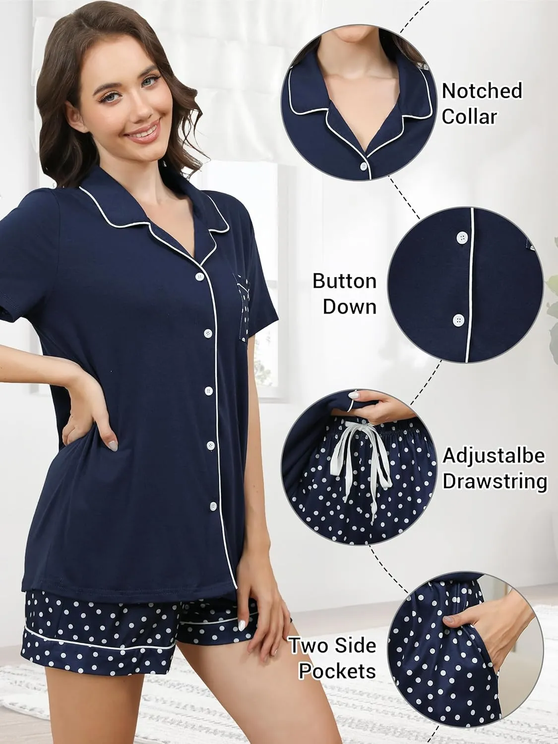 Pajamas for Women Set Summer Short Sleeve Sleepwear Button Down Nightwear PJ Set with Pockets Dots Lounge Sets