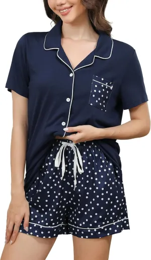 Pajamas for Women Set Summer Short Sleeve Sleepwear Button Down Nightwear PJ Set with Pockets Dots Lounge Sets