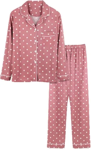 Pajamas for Women Set,Soft Lightweight Button Nightwear with Chest Pocket Polka Dot Print Sleepwear And Length Pants