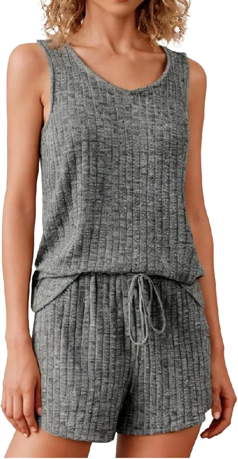 Pajamas Set Women's V-Neck Sleeveless Sleepwear Pj Set Ribbed Knit 2 Piece Outfits Lounge Sets Summer Loungewear Soft