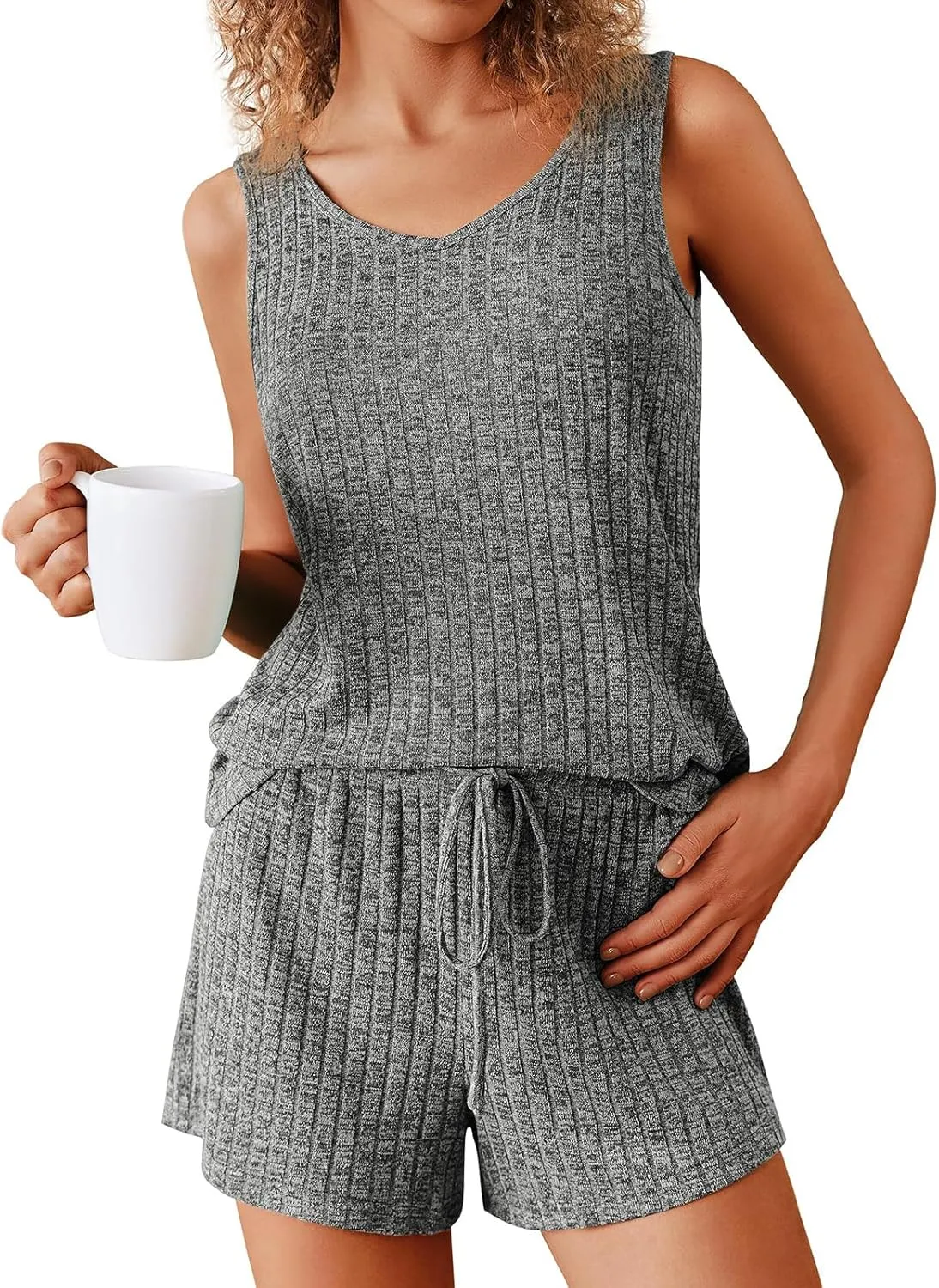 Pajamas Set Women's V-Neck Sleeveless Sleepwear Pj Set Ribbed Knit 2 Piece Outfits Lounge Sets Summer Loungewear Soft