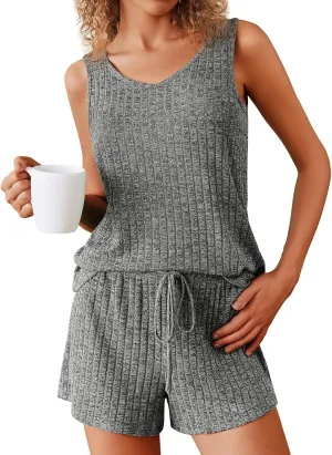 Pajamas Set Women's V-Neck Sleeveless Sleepwear Pj Set Ribbed Knit 2 Piece Outfits Lounge Sets Summer Loungewear Soft