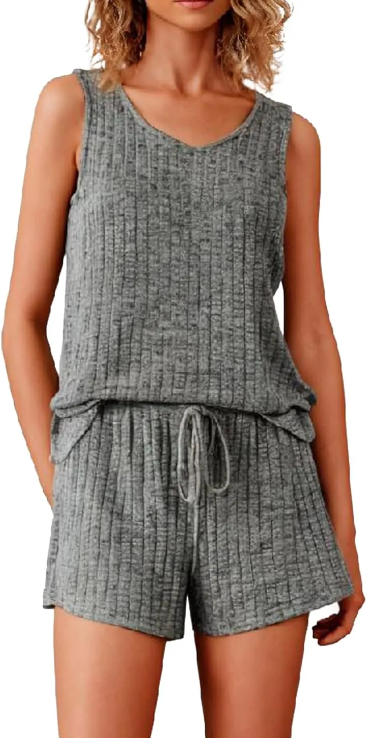 Pajamas Set Women's V-Neck Sleeveless Sleepwear Pj Set Ribbed Knit 2 Piece Outfits Lounge Sets Summer Loungewear Soft