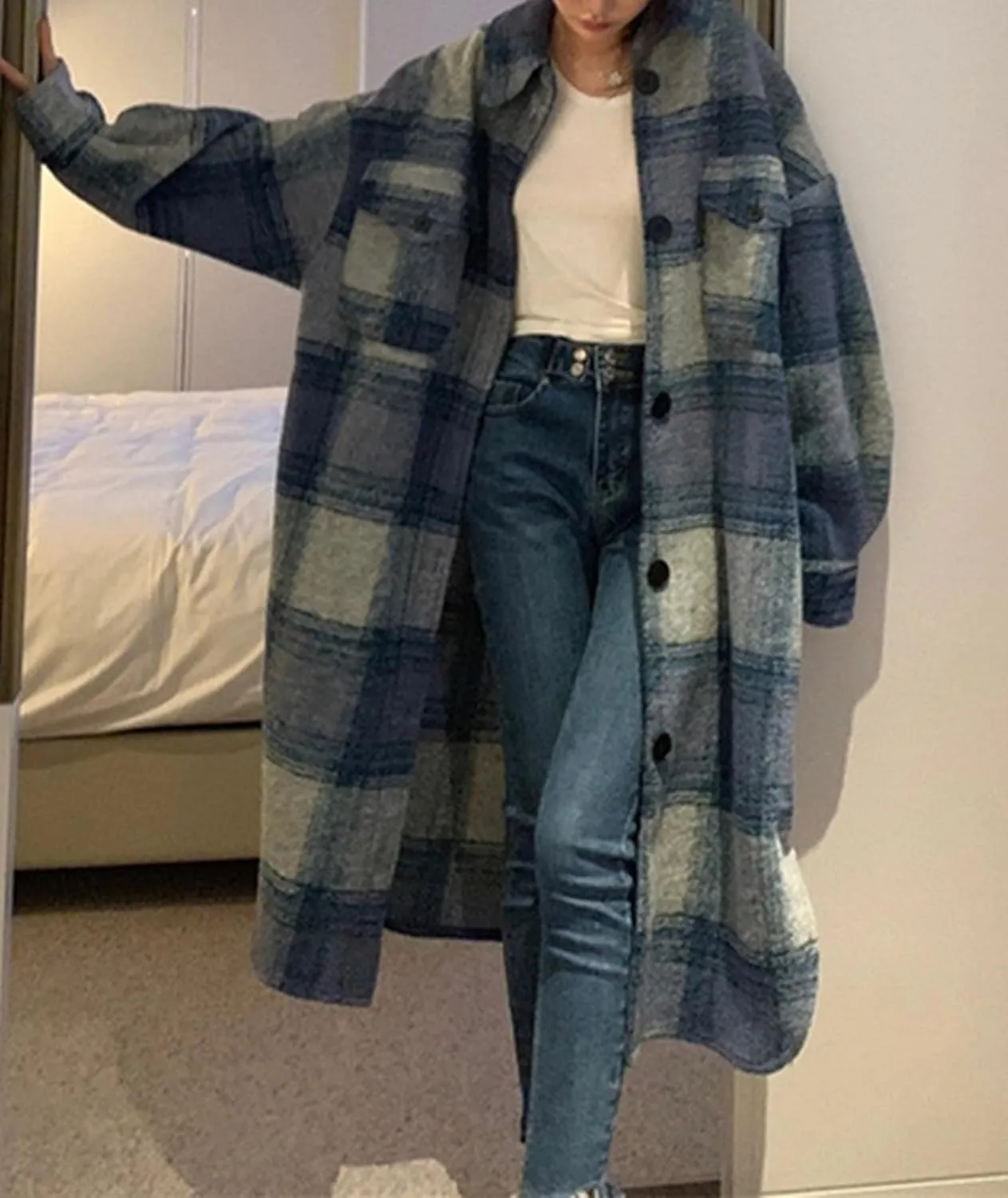 Raboolion Women's Plaid Checked Shacket Wool Blend Button Down Long Shirt Jacket Coat Outerwear with Pockets