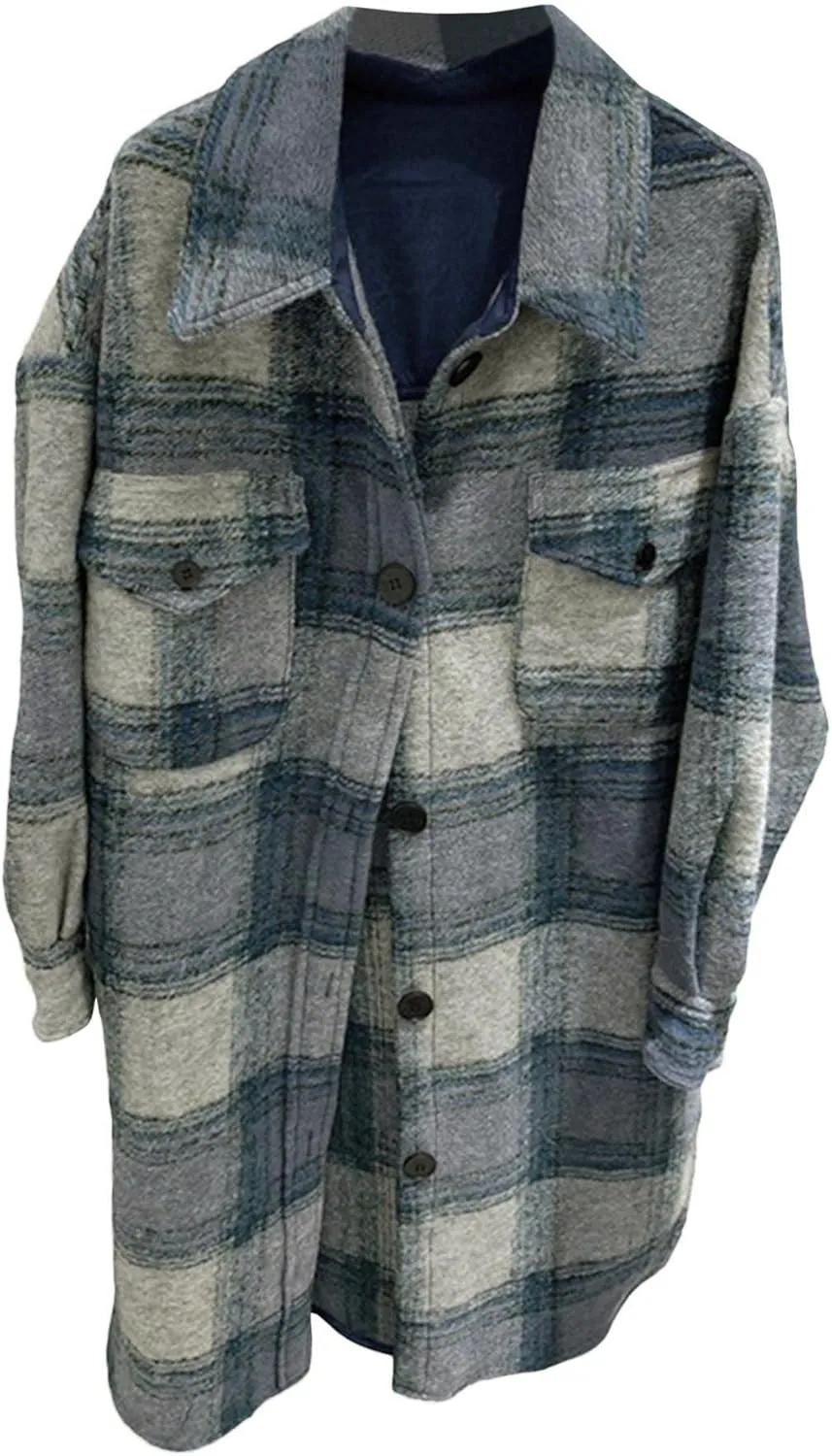 Raboolion Women's Plaid Checked Shacket Wool Blend Button Down Long Shirt Jacket Coat Outerwear with Pockets