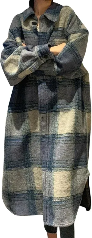 Raboolion Women's Plaid Checked Shacket Wool Blend Button Down Long Shirt Jacket Coat Outerwear with Pockets