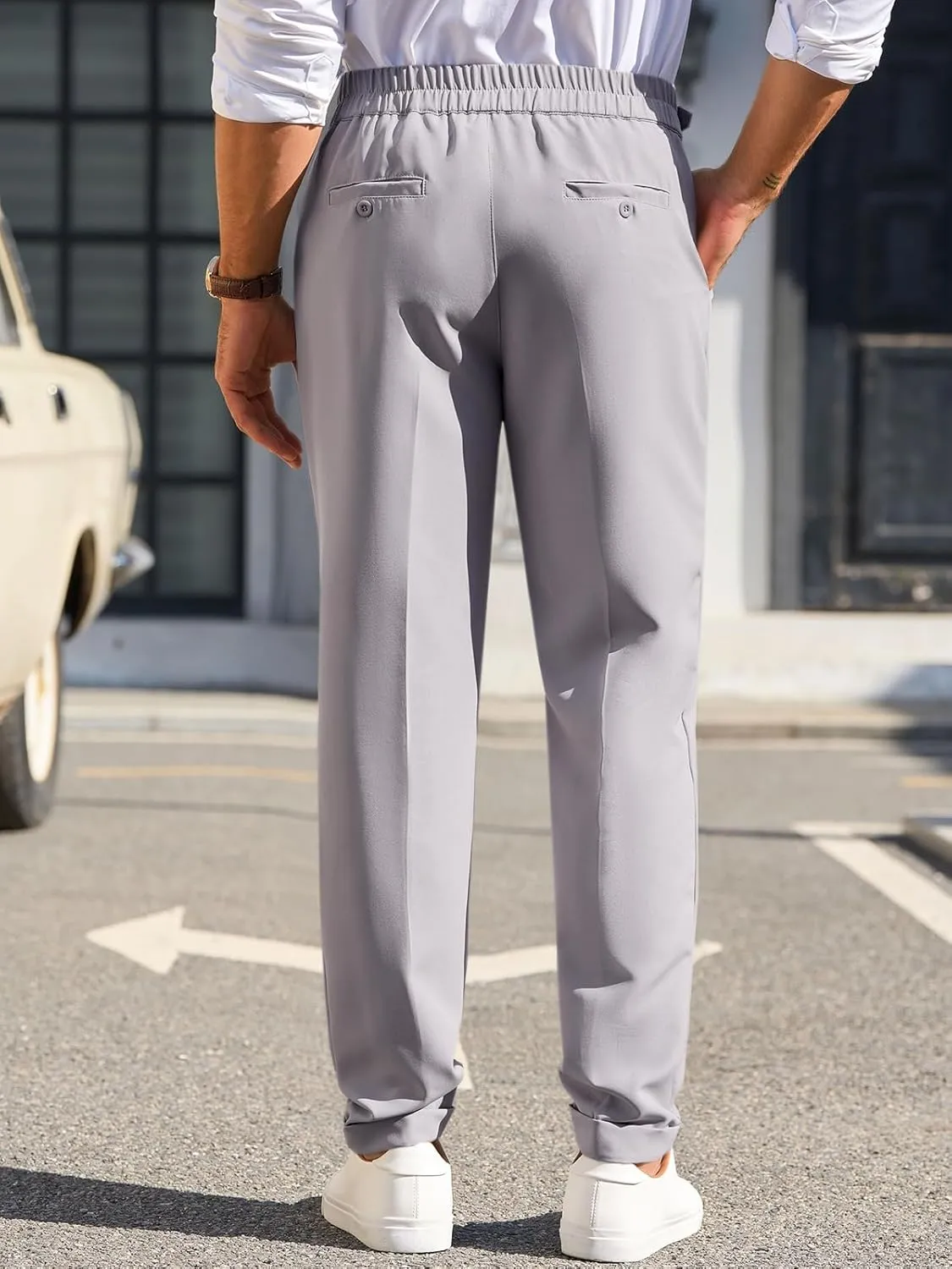 Runcati Mens Classic Fit Dress Pants Pleated Elastic Waist Work Pants Skinny Stretch Business Suit Pants