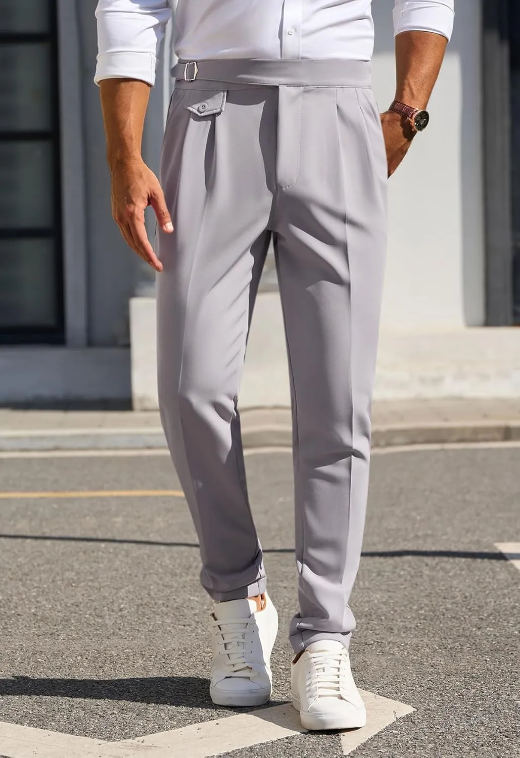 Runcati Mens Classic Fit Dress Pants Pleated Elastic Waist Work Pants Skinny Stretch Business Suit Pants