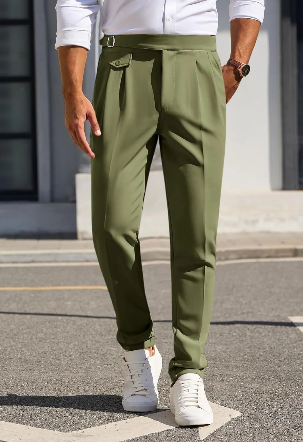 Runcati Mens Classic Fit Dress Pants Pleated Elastic Waist Work Pants Skinny Stretch Business Suit Pants