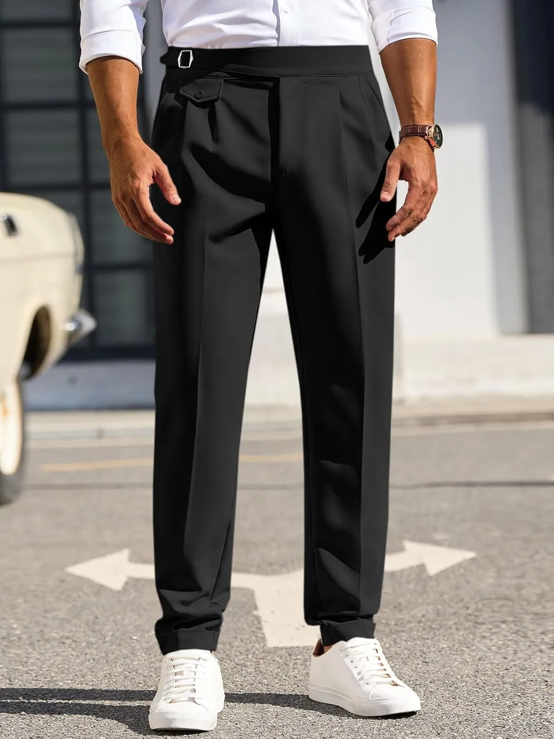 Runcati Mens Classic Fit Dress Pants Pleated Elastic Waist Work Pants Skinny Stretch Business Suit Pants