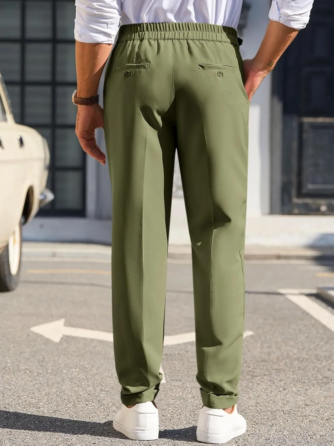 Runcati Mens Classic Fit Dress Pants Pleated Elastic Waist Work Pants Skinny Stretch Business Suit Pants