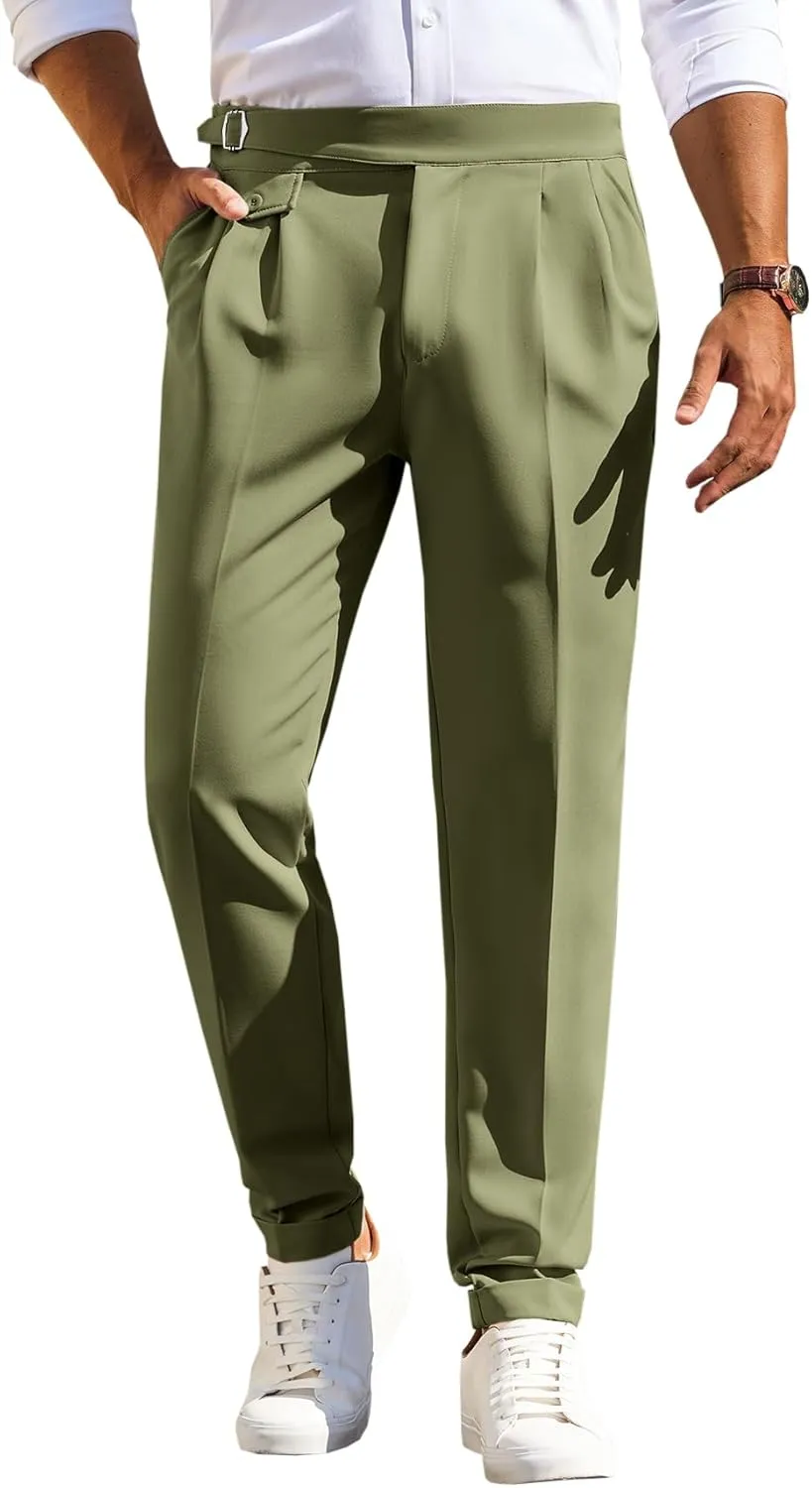 Runcati Mens Classic Fit Dress Pants Pleated Elastic Waist Work Pants Skinny Stretch Business Suit Pants
