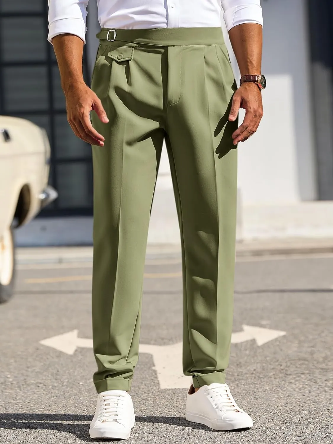 Runcati Mens Classic Fit Dress Pants Pleated Elastic Waist Work Pants Skinny Stretch Business Suit Pants