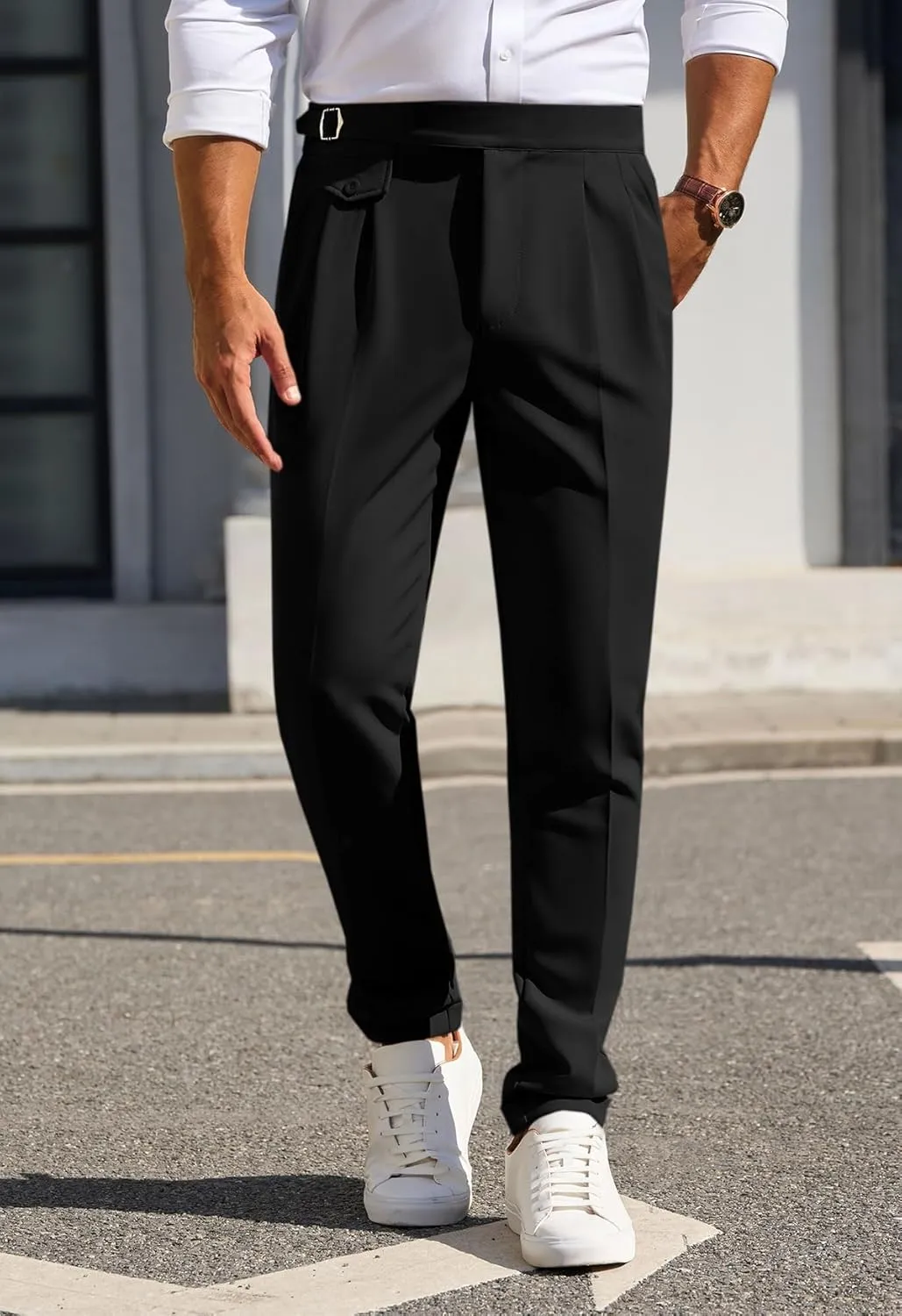 Runcati Mens Classic Fit Dress Pants Pleated Elastic Waist Work Pants Skinny Stretch Business Suit Pants