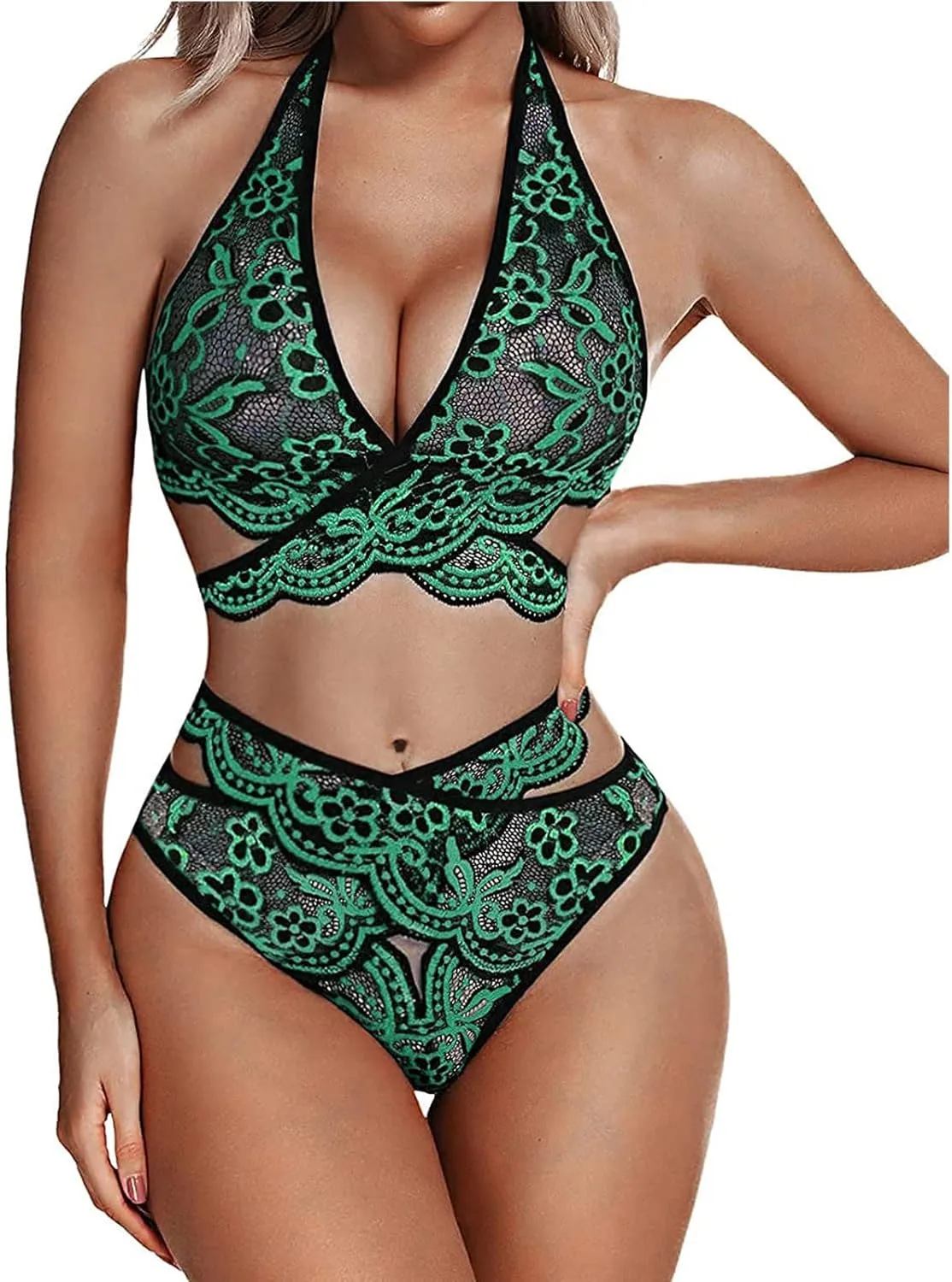 Sexy Criss Cross Wrap Lingerie Set for Women Strappy Floral Lace Sheer Bra Panty Set Two Piece Lingerie Sets K