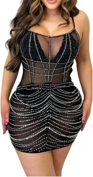 Sexy Dress for Women Party Club Night Stretchy Sheer Mesh Sparkly Rhinestone Mini Bodycon Vesitdos