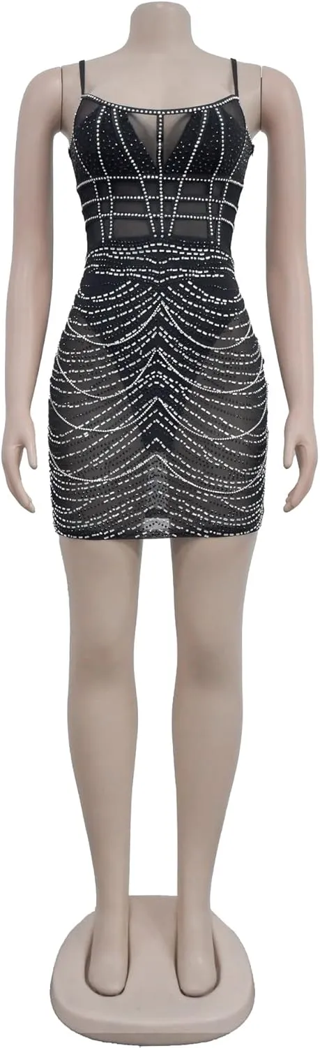 Sexy Dress for Women Party Club Night Stretchy Sheer Mesh Sparkly Rhinestone Mini Bodycon Vesitdos