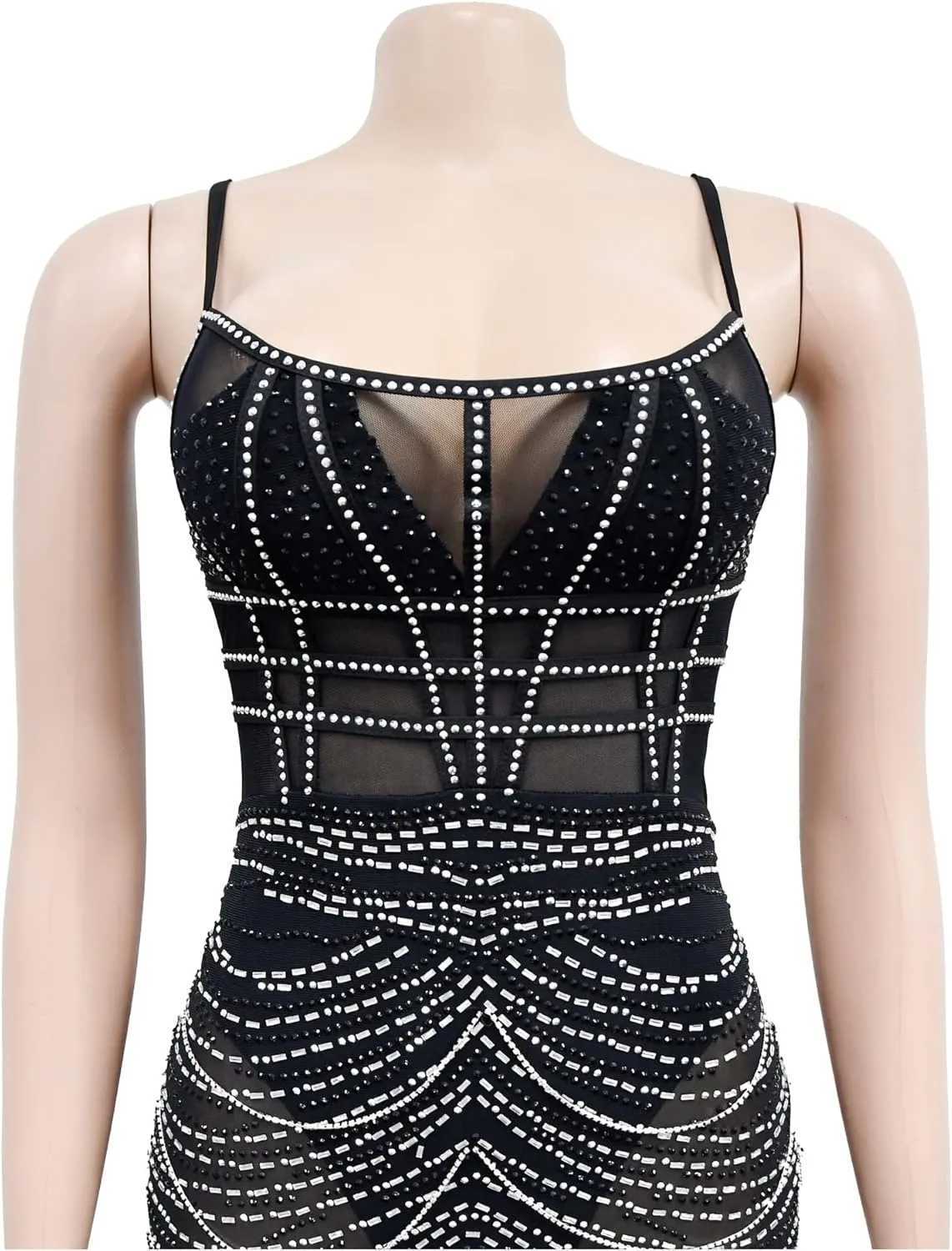 Sexy Dress for Women Party Club Night Stretchy Sheer Mesh Sparkly Rhinestone Mini Bodycon Vesitdos