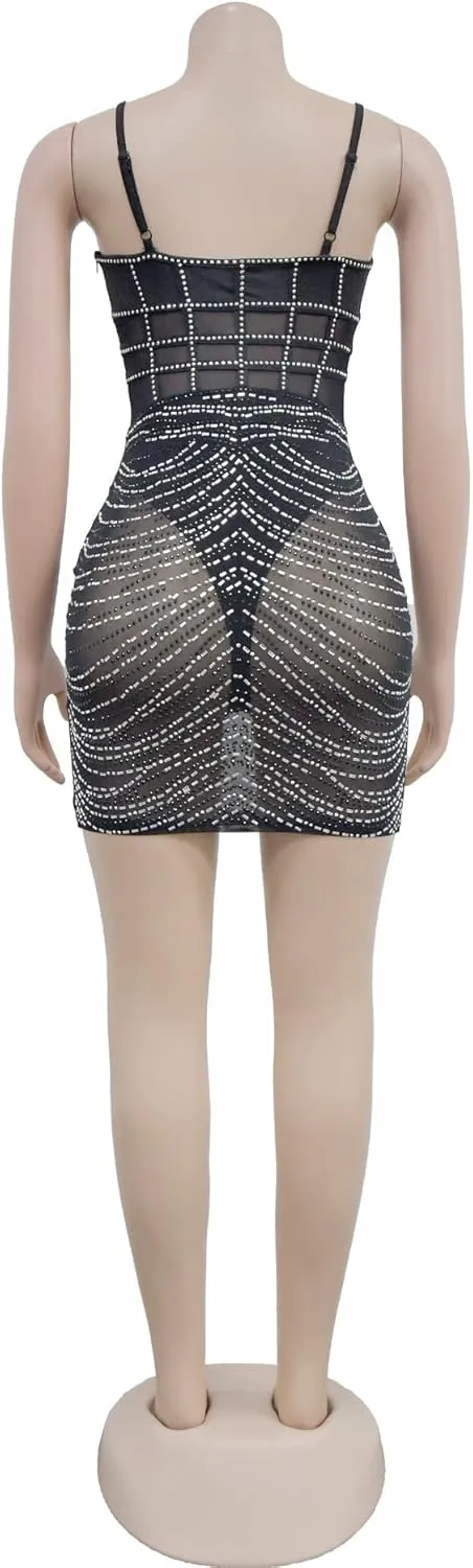 Sexy Dress for Women Party Club Night Stretchy Sheer Mesh Sparkly Rhinestone Mini Bodycon Vesitdos