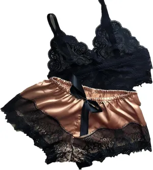 Sexy Lace Pajamas for Women Spaghetti Strap Bralette with Shorts Silk Satin Pjs Sets Soft Comfy Ladies Sleepwear 2025