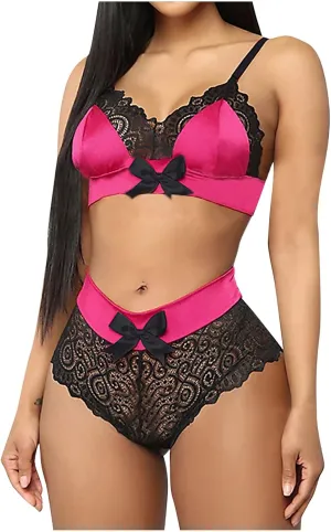 Sexy Lingerie for Women,Two Piece Sheer Matching Bra and Panty Set Valentine Day Lace Bralette Strappy Mesh Negligee