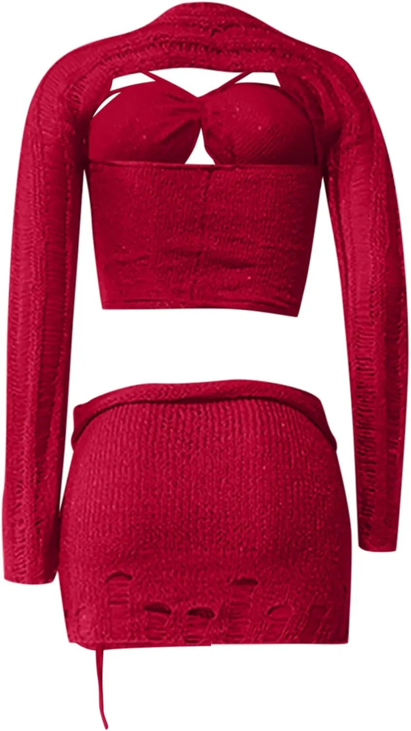Sexy Two Piece Outfits Women Hollow Out Long Sleeve Twist Front Cover Up Sequin Crop Tops Knit Mini Skirts Club Suit