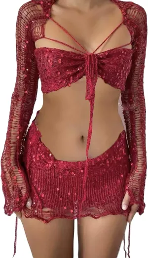 Sexy Two Piece Outfits Women Hollow Out Long Sleeve Twist Front Cover Up Sequin Crop Tops Knit Mini Skirts Club Suit