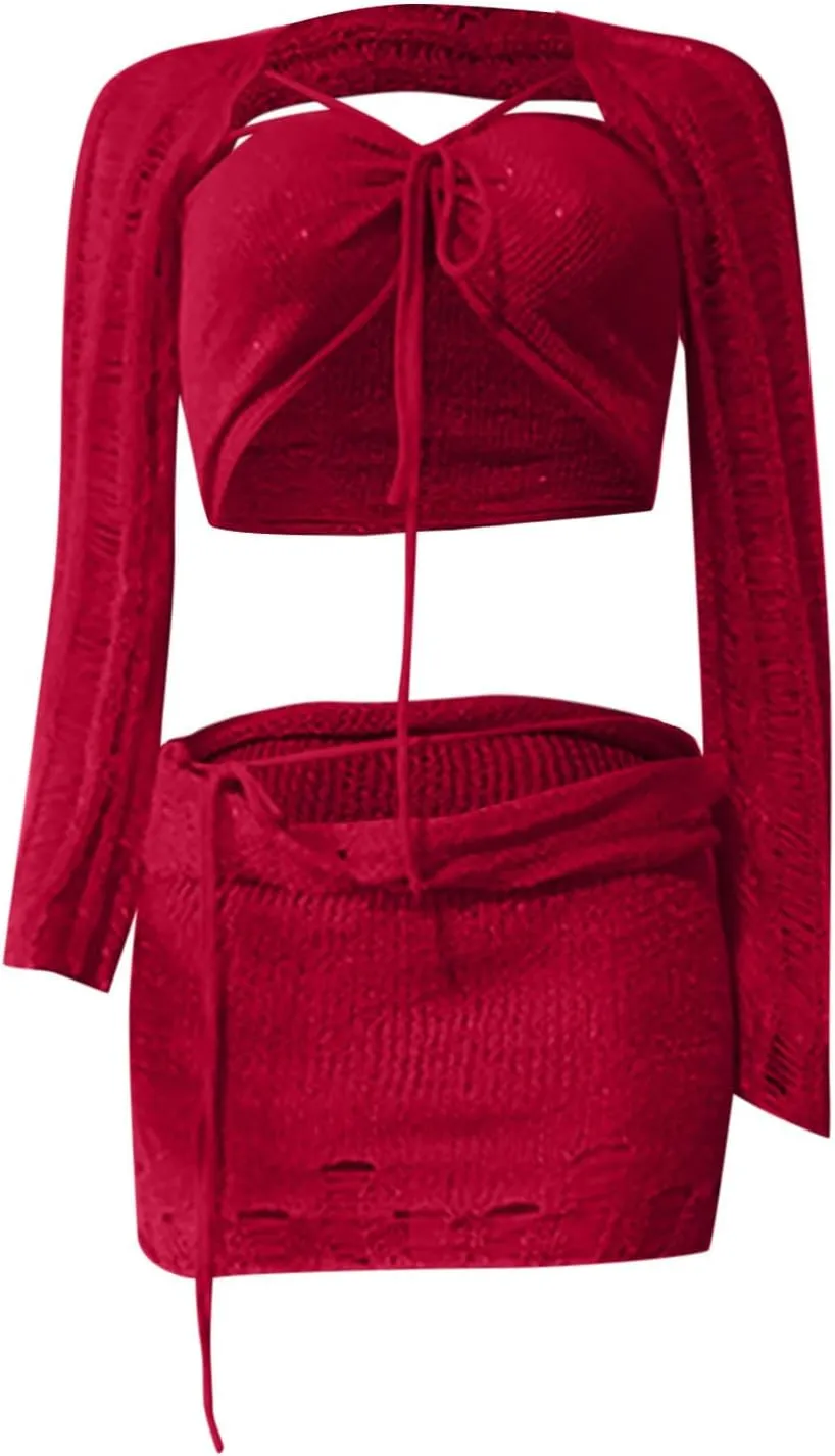 Sexy Two Piece Outfits Women Hollow Out Long Sleeve Twist Front Cover Up Sequin Crop Tops Knit Mini Skirts Club Suit