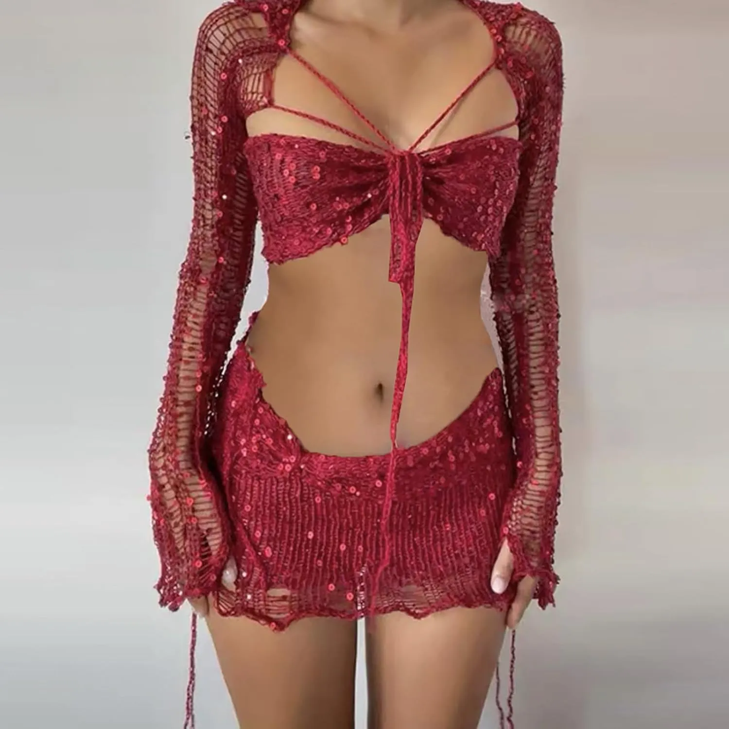 Sexy Two Piece Outfits Women Hollow Out Long Sleeve Twist Front Cover Up Sequin Crop Tops Knit Mini Skirts Club Suit
