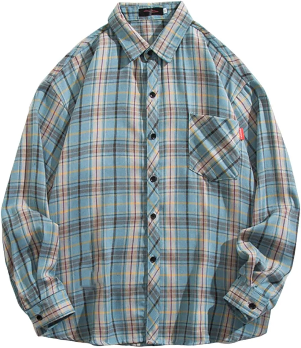 Shirt for Men Long Sleeve Button Up Checked Work Shirts Stylish Spring T Shirts with Pockets Retro Jacket Western