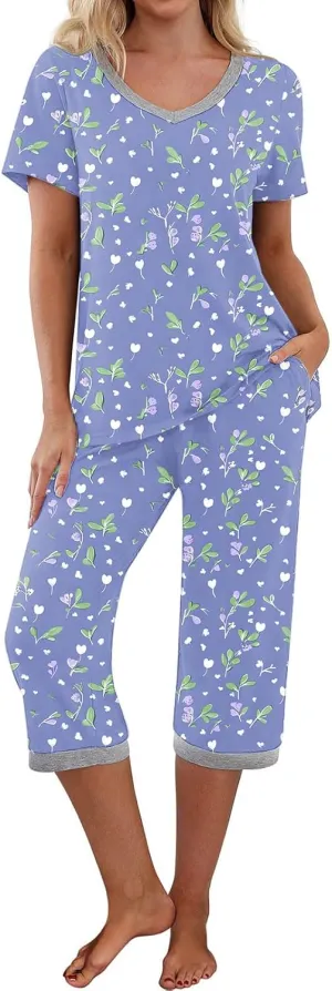 Short Sleeve Capris Pajama Set for Women, Ladies Floral Print Sleepwear 2 Piece Lounge Set 2025 New Spring Summer