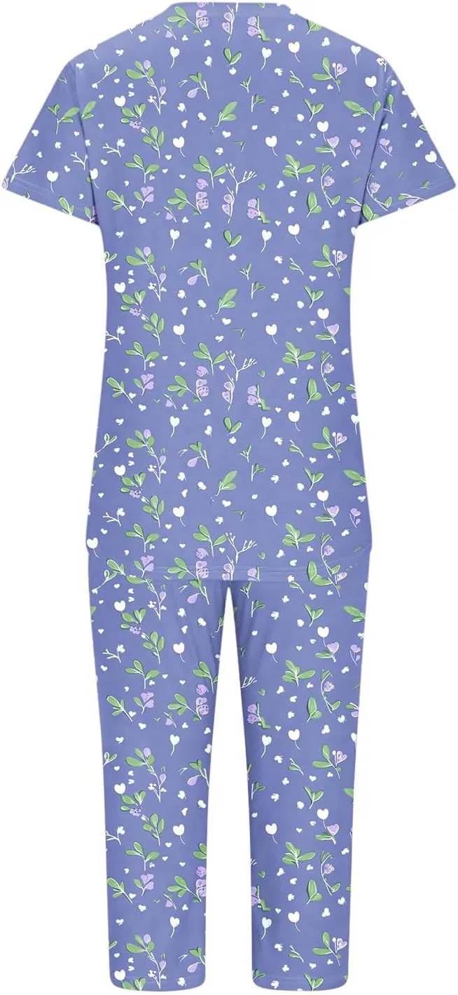 Short Sleeve Capris Pajama Set for Women, Ladies Floral Print Sleepwear 2 Piece Lounge Set 2025 New Spring Summer