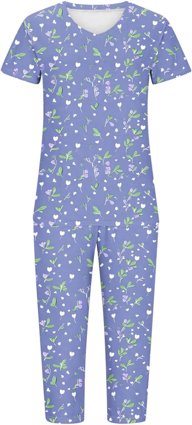 Short Sleeve Capris Pajama Set for Women, Ladies Floral Print Sleepwear 2 Piece Lounge Set 2025 New Spring Summer