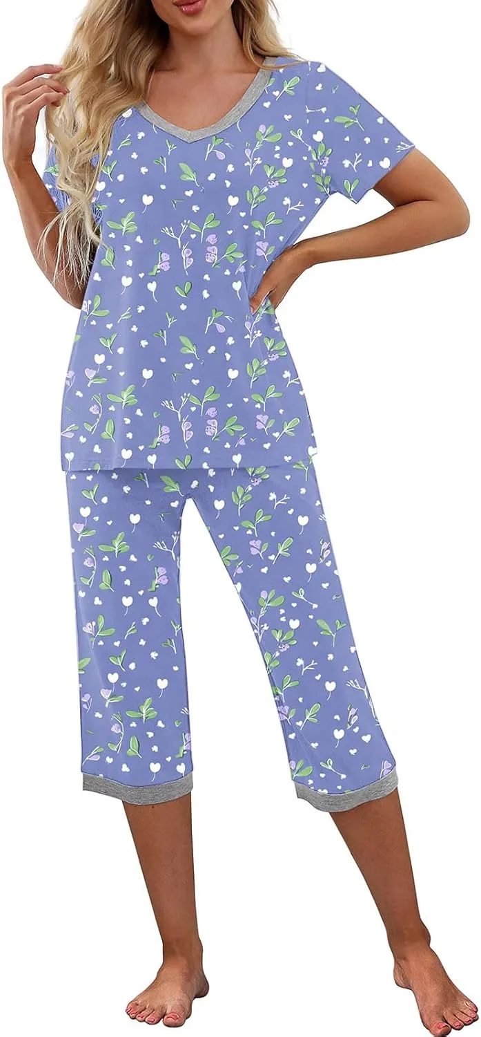 Short Sleeve Capris Pajama Set for Women, Ladies Floral Print Sleepwear 2 Piece Lounge Set 2025 New Spring Summer