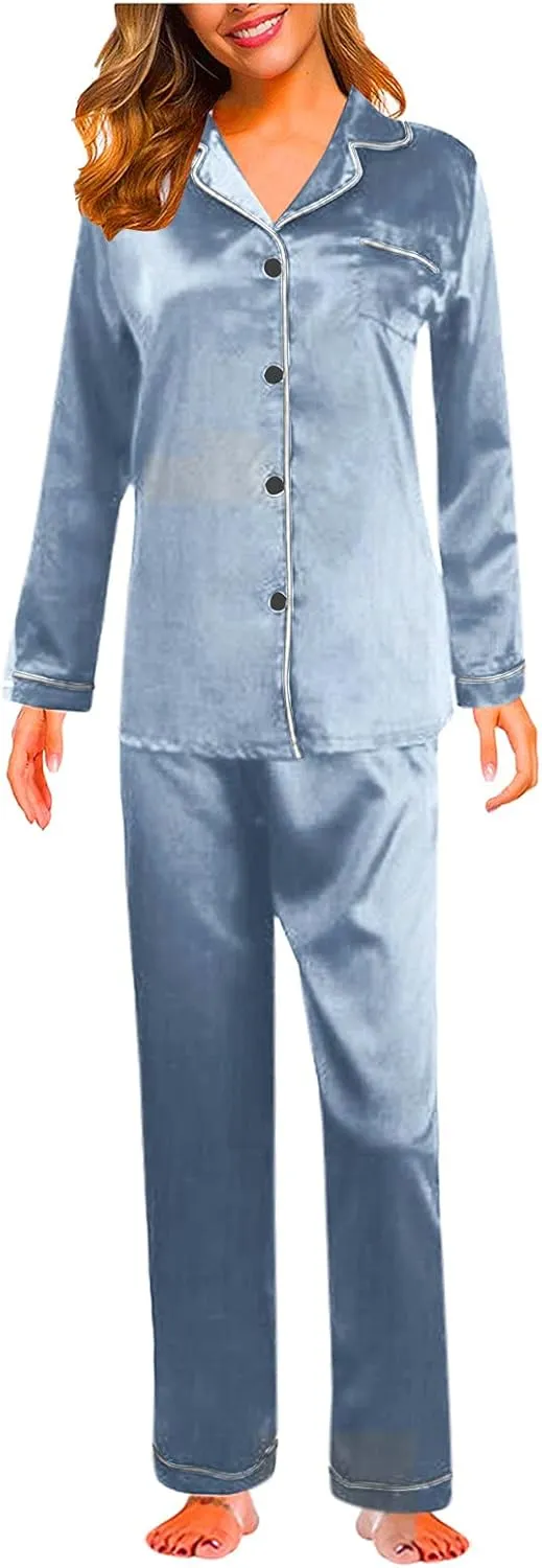 Silk Pajamas for Women Set 2025 Plus Size Long Sleeve Button Down Tops Lounge Pants 2 Piece Pjs Sleepwear Loungewear