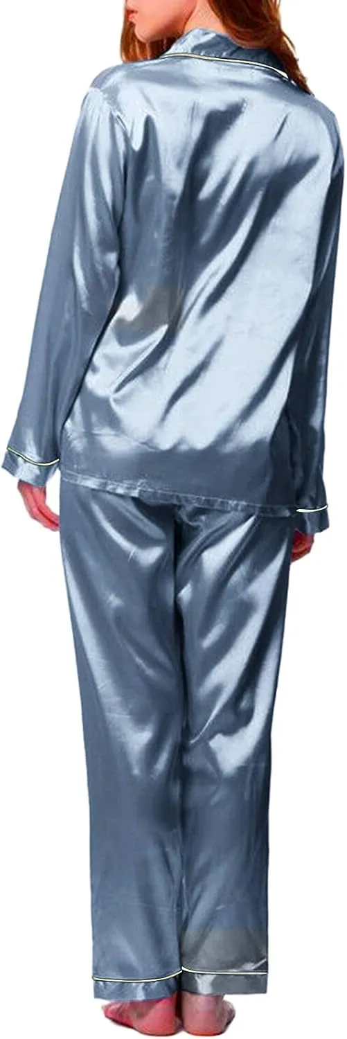 Silk Pajamas for Women Set 2025 Plus Size Long Sleeve Button Down Tops Lounge Pants 2 Piece Pjs Sleepwear Loungewear