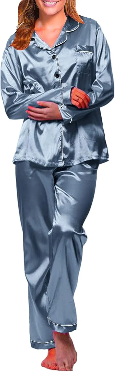 Silk Pajamas for Women Set 2025 Plus Size Long Sleeve Button Down Tops Lounge Pants 2 Piece Pjs Sleepwear Loungewear
